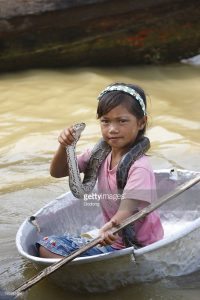 Child showing snakes to tourists on Tonlé Sap lake